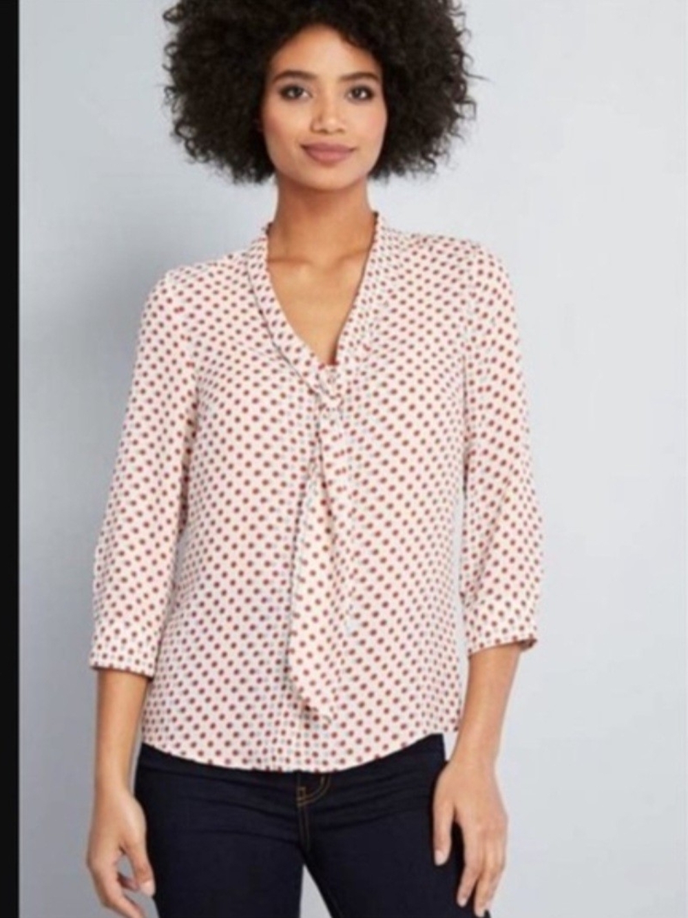 Modcloth Cream Blouse with Pink Polka Dots and Tie Neck